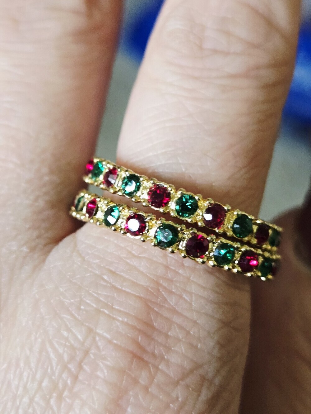 Vintage Gold Tone Hoop Earrings with Red and Green Stones - Picture 4 of 16